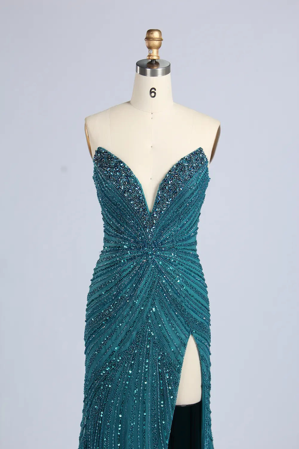 Teal Blue Beaded Sequin V-Neck High Slit Evening Dress MC163