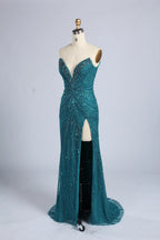 Teal Blue Beaded Sequin V-Neck High Slit Evening Dress MC163