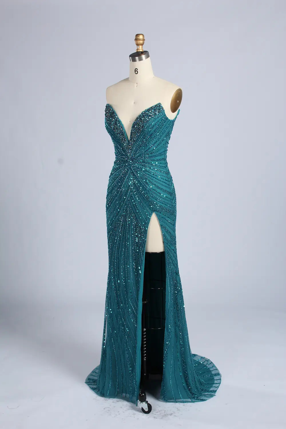 Teal Blue Beaded Sequin V-Neck High Slit Evening Dress MC163