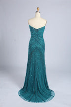 Teal Blue Beaded Sequin V-Neck High Slit Evening Dress MC163