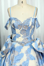 Wholesale Blue Butterfly Jacquard Quinceañera Dress Bow Waist Brocade Ball Gown KT1366