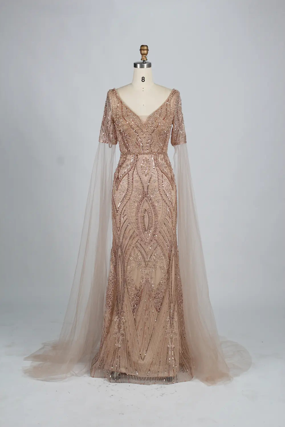 Embellished mermaid V-neck evening dress with cape sleeves, blush sequin beading