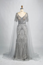 Embellished mermaid V-neck evening dress with cape sleeves, silver sequin beading