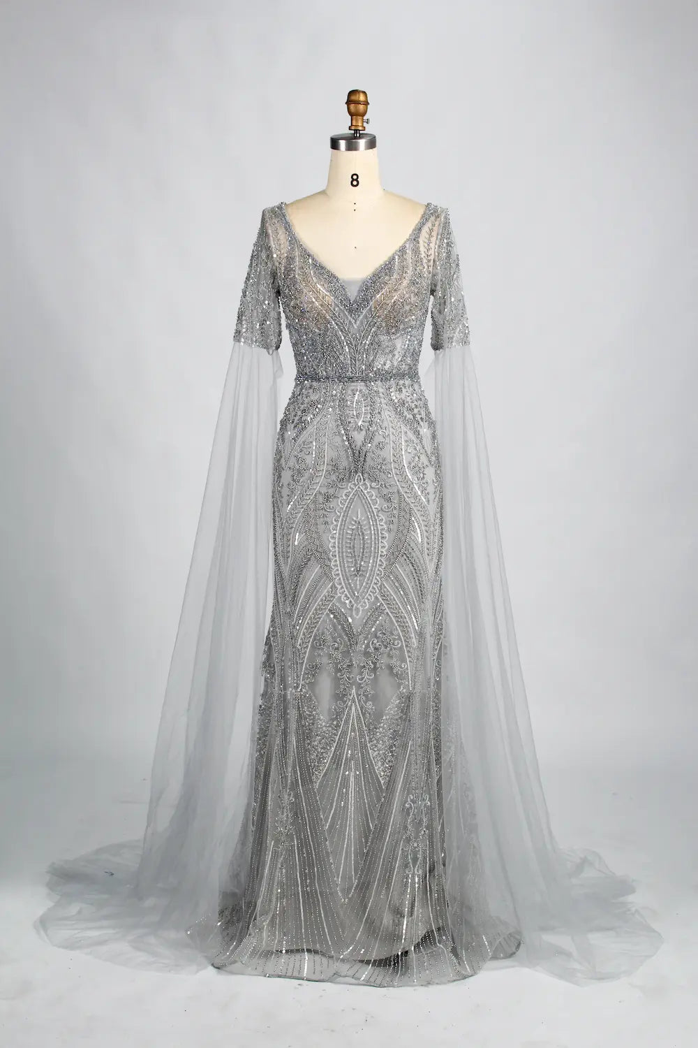 Embellished mermaid V-neck evening dress with cape sleeves, silver sequin beading