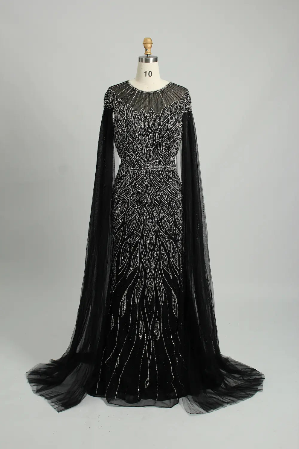 Black beaded tulle cape mermaid evening dress with long sleeves and flowing train