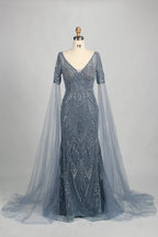 Embellished mermaid V-neck evening dress with cape sleeves, dusty blue sequins