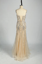 Champagne Beaded Mermaid Evening Dress with Delicate Straps KY041