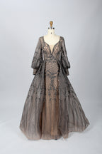 Green Beaded Mother of the Bride Dress with Long Puff Sleeves & Train MK074