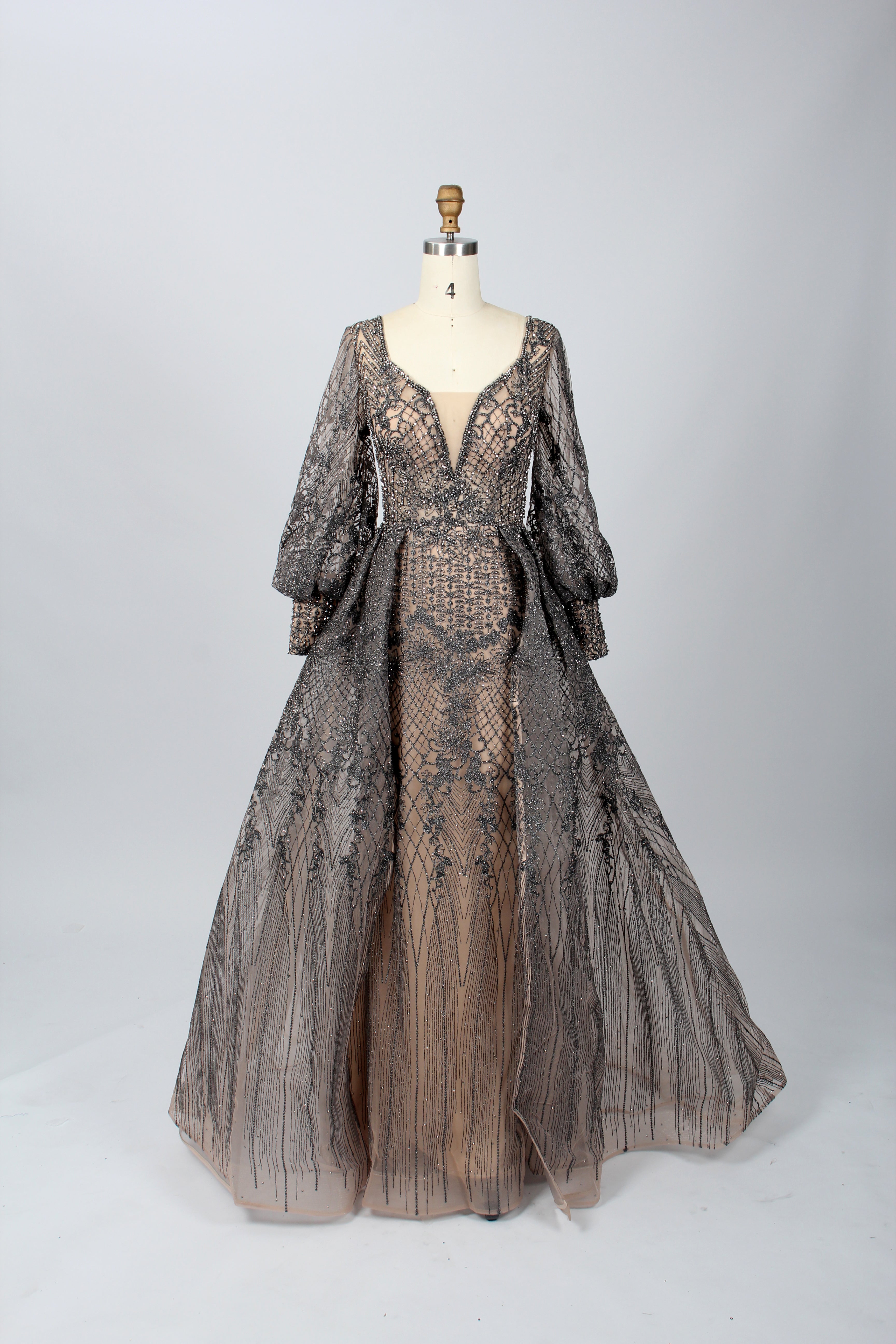 Green Beaded Mother of the Bride Dress with Long Puff Sleeves & Train MK074