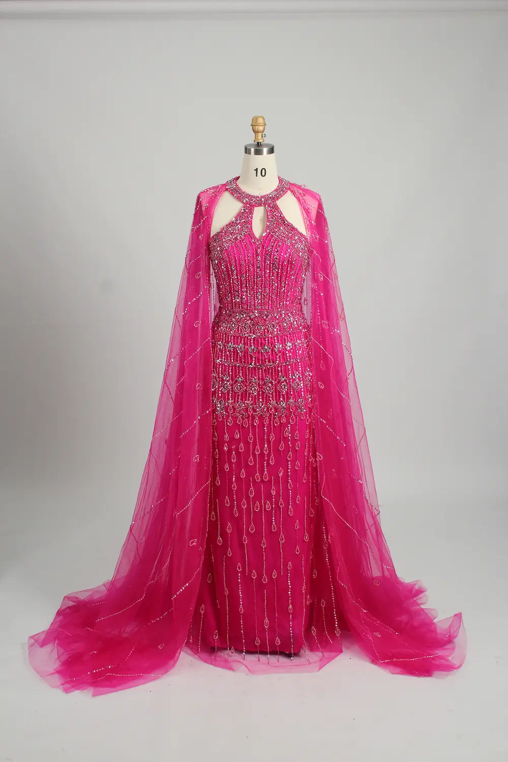 Hot Pink Beaded Mother of the Bride Dress with Sheer Cape MC109