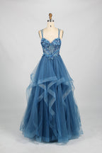 A mannequin displays a pink tulle gown. It features thin straps, a sweetheart neckline, intricate floral appliqués with sequins on the bodice, and a multi - layered, ruffled tulle skirt. The elegant design creates a romantic and glamorous look, perfect for formal events like proms or weddings.7