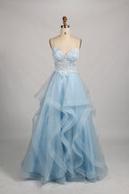 A mannequin displays a pink tulle gown. It features thin straps, a sweetheart neckline, intricate floral appliqués with sequins on the bodice, and a multi - layered, ruffled tulle skirt. The elegant design creates a romantic and glamorous look, perfect for formal events like proms or weddings.8