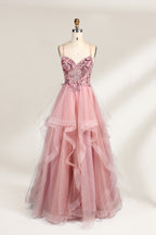 A mannequin displays a pink tulle gown. It features thin straps, a sweetheart neckline, intricate floral appliqués with sequins on the bodice, and a multi - layered, ruffled tulle skirt. The elegant design creates a romantic and glamorous look, perfect for formal events like proms or weddings.1