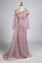 Dusty Pink Asymmetrical Draped Beaded Mermaid Mother of the Bride Dress KY071