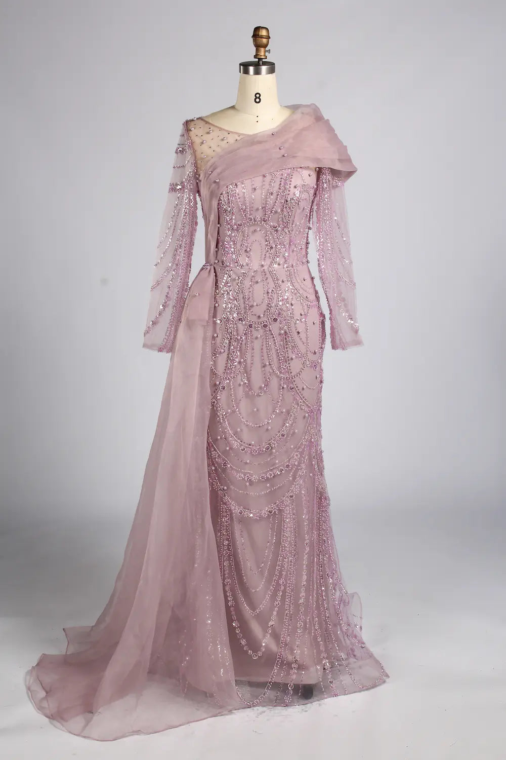 Dusty Pink Asymmetrical Draped Beaded Mermaid Mother of the Bride Dress KY071
