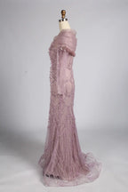 Dusty Pink Asymmetrical Draped Beaded Mermaid Mother of the Bride Dress KY071