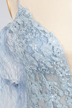 Wholesale Light Blue Lace Feather Off-the-Shoulder Evening Gown 33394