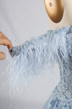 Wholesale Light Blue Lace Feather Off-the-Shoulder Evening Gown 33394