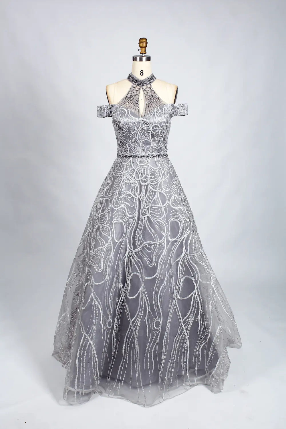 Luxury Beaded Silver Off Shoulder High Neck Lace A-Line Evening Dress  KS004