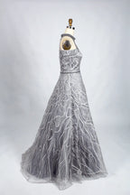 Luxury Beaded Silver Off Shoulder High Neck Lace A-Line Evening Dress  KS004