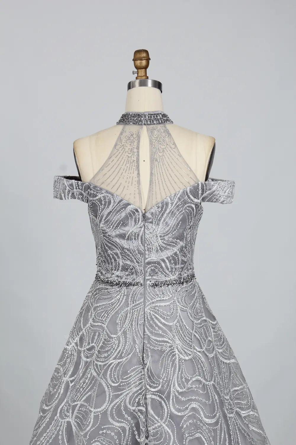 Luxury Beaded Silver Off Shoulder High Neck Lace A-Line Evening Dress  KS004