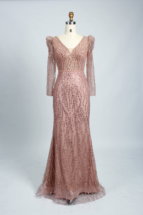 Blush pink sequin mermaid prom dress with V-neck and long sleeves