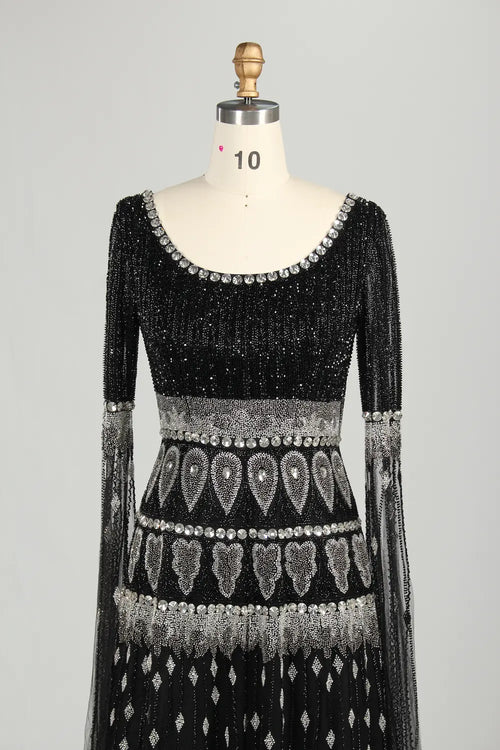 Black Beaded Cape Sleeves A-Line Mother of the Bride Dress MC160