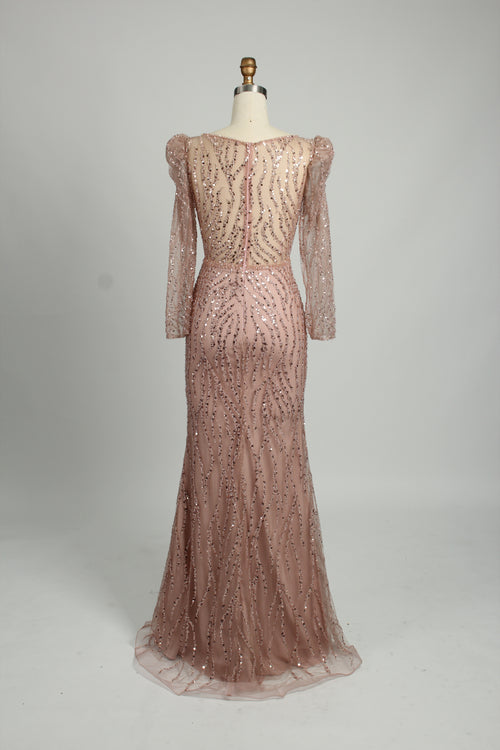 Pink sequin mermaid prom dress with V-neck and long sleeves