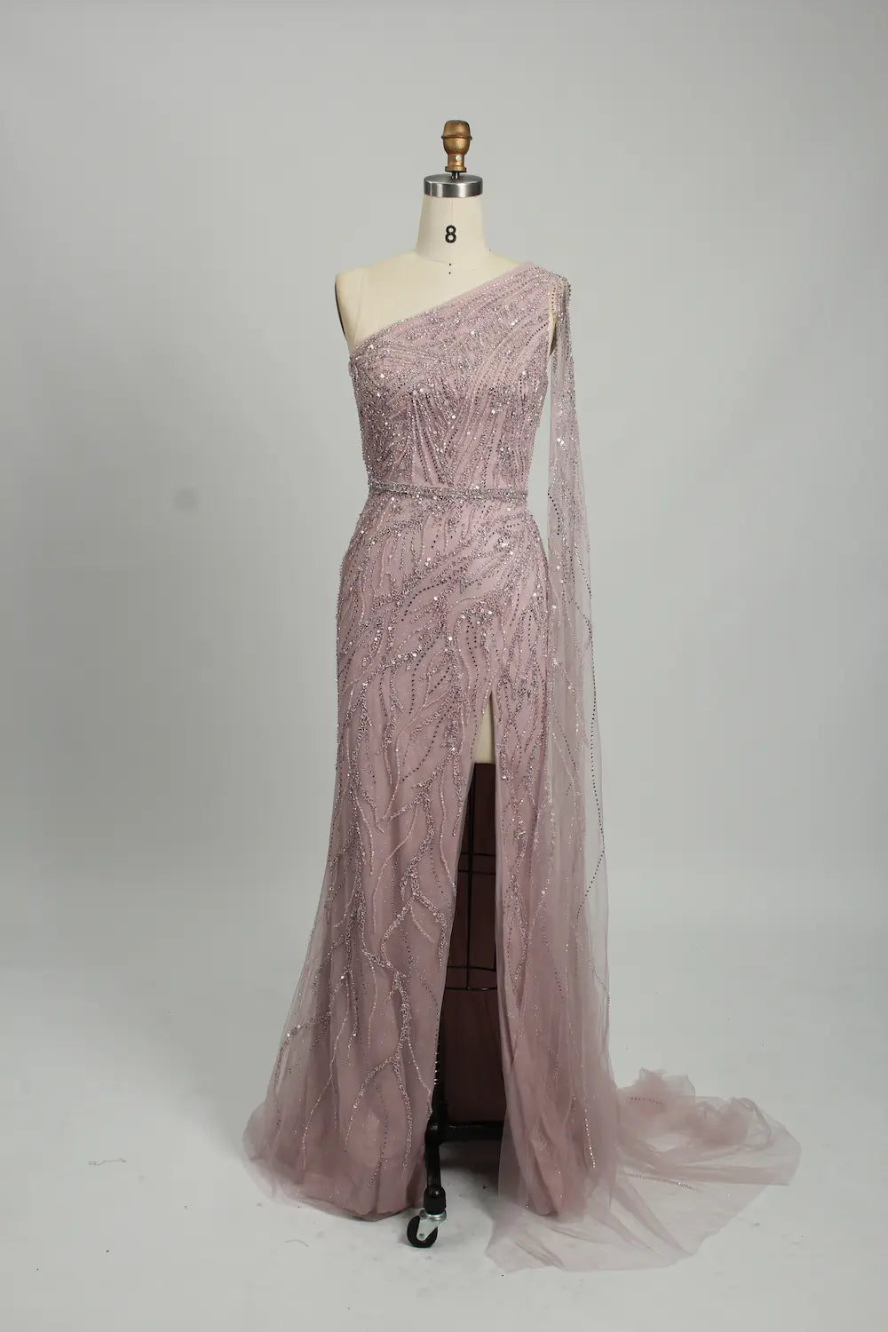 Dusty rose one-shoulder sequin gown with high side slit and tulle overlay
