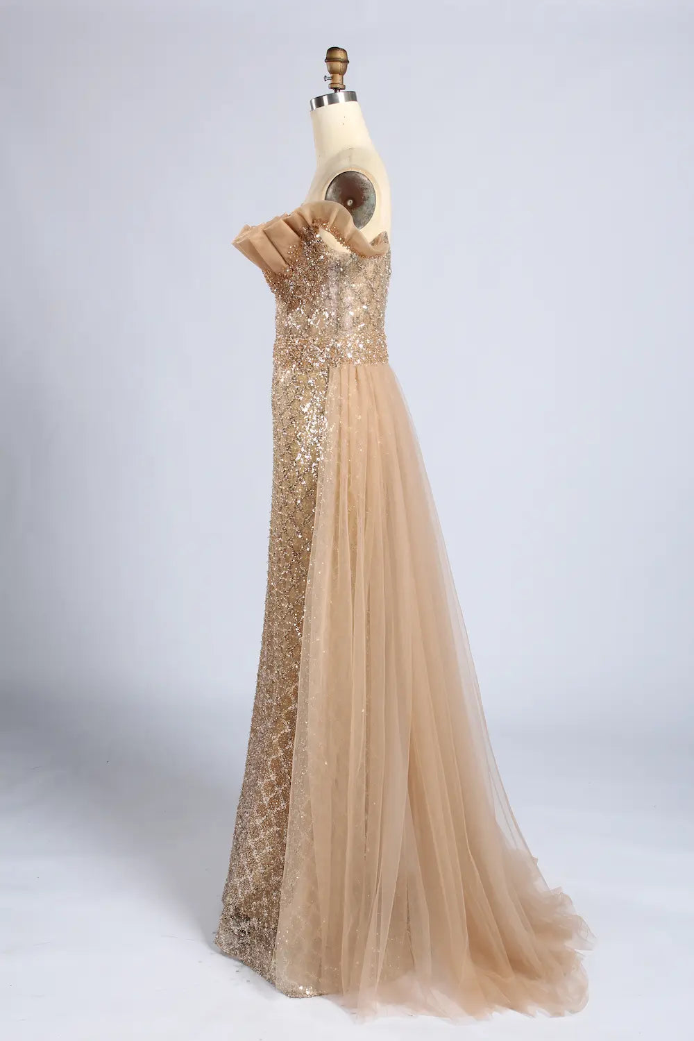 Gold Off the Shoulder Beaded Mermaid Tulle Overskirt Mother of the Bride Gown MC164