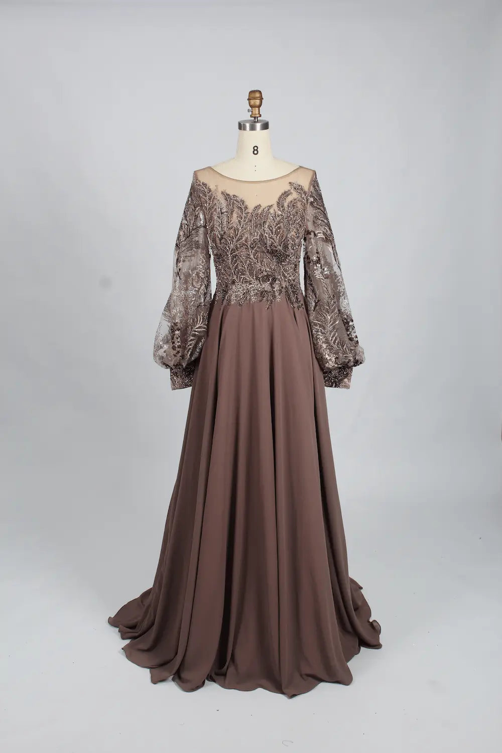 Taupe Embellished A-Line Mother of the Bride Dress with Puff Sleeves KS001