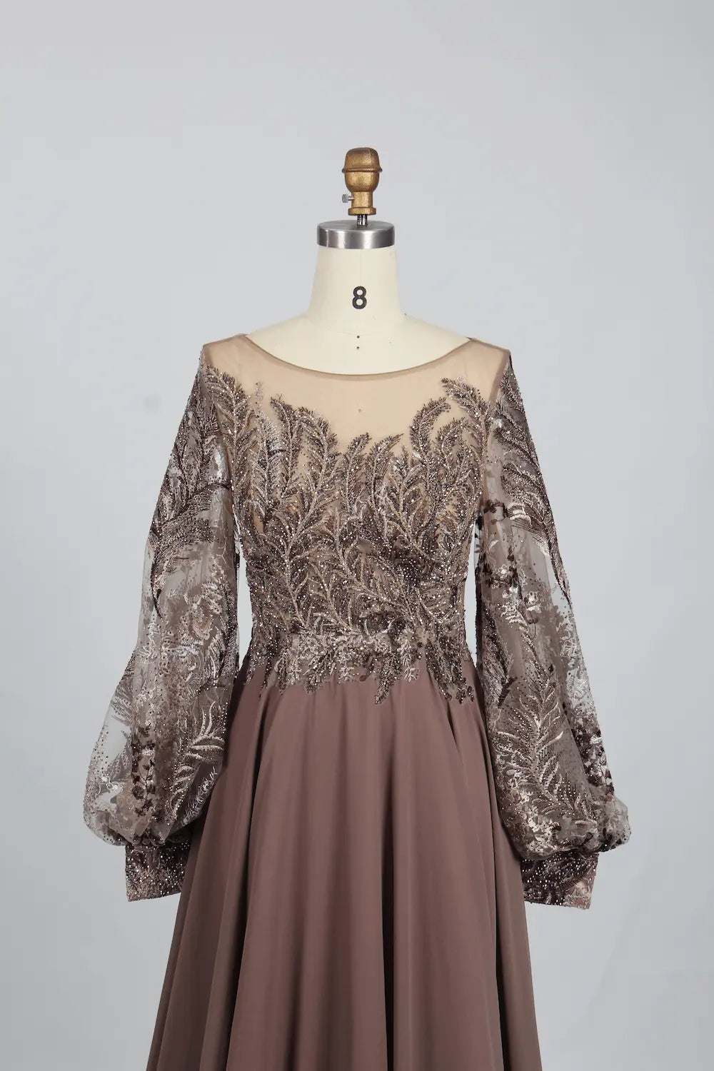 Taupe Embellished A-Line Mother of the Bride Dress with Puff Sleeves KS001