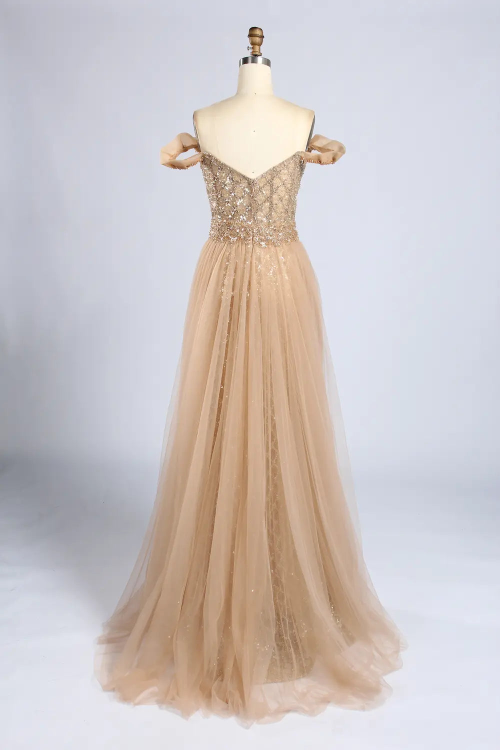 Gold Off the Shoulder Beaded Mermaid Tulle Overskirt Mother of the Bride Gown MC164