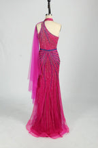 Beaded One-Shoulder Mermaid Evening Dress with Draped Cape KY042