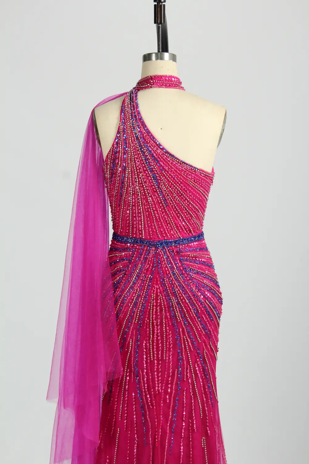 Beaded One-Shoulder Mermaid Evening Dress with Draped Cape KY042