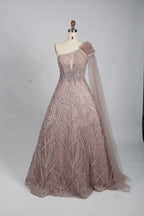 One Shoulder A-Line Mother of the Bride Dress with Asymmetric Sleeves KS013