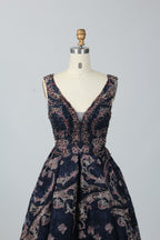 Black floral beaded sleeveless ball gown with V-neck