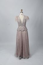 V-Neck Embellished A-Line Mother of the Bride Dress with Flutter Sleeves MC069
