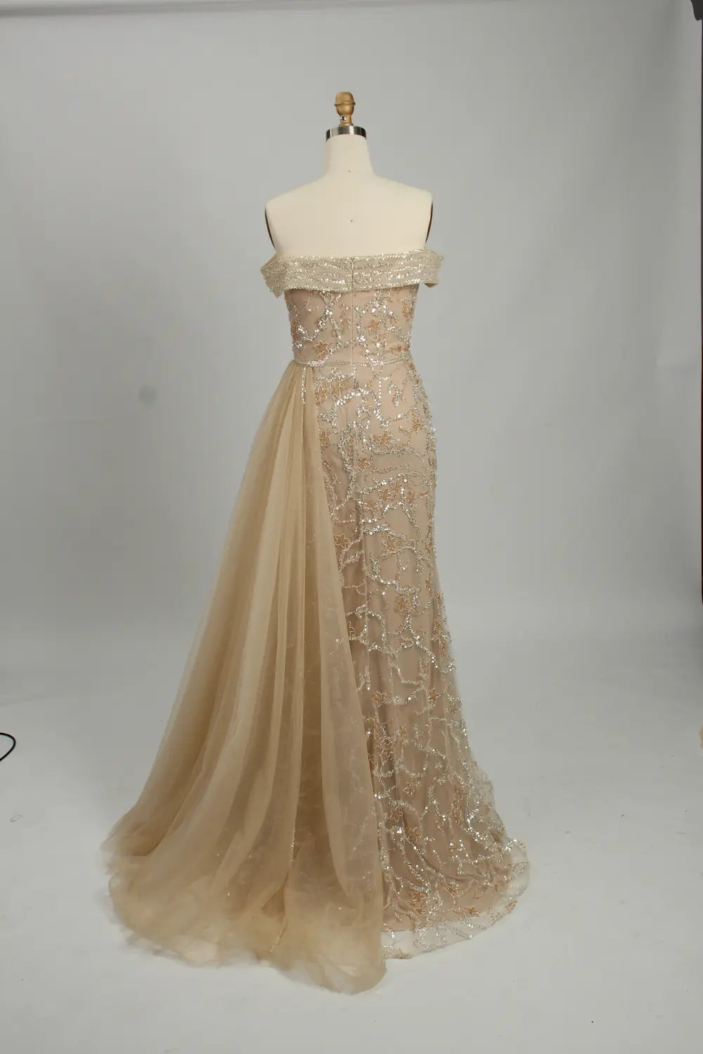 Gold Sequin Off the Shoulder Mermaid Evening Dress MK131