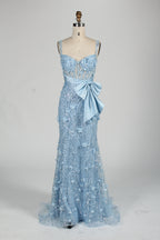 Wholesale Baby Blue Sequin Mermaid Prom Dress with Bow 33127