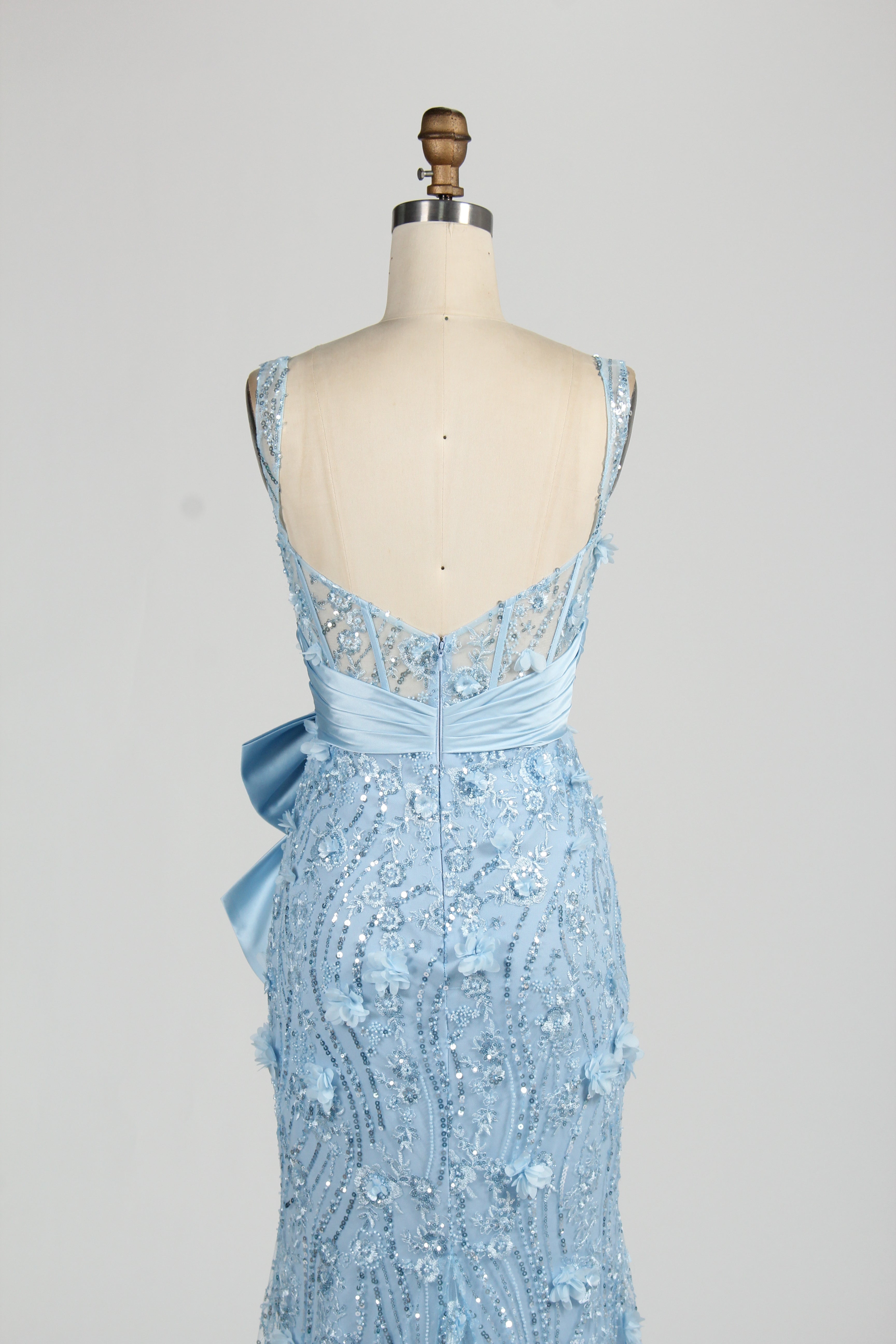 Wholesale Baby Blue Sequin Mermaid Prom Dress with Bow 33127