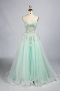 Wholesale Mint Floral Embellished Strapless Tulle Prom Dress KT1491