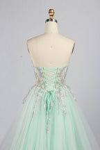 Wholesale Mint Floral Embellished Strapless Tulle Prom Dress KT1491