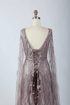 V-Neck Lace A-Line Mother of the Bride Dress with Long Sleeves MC041