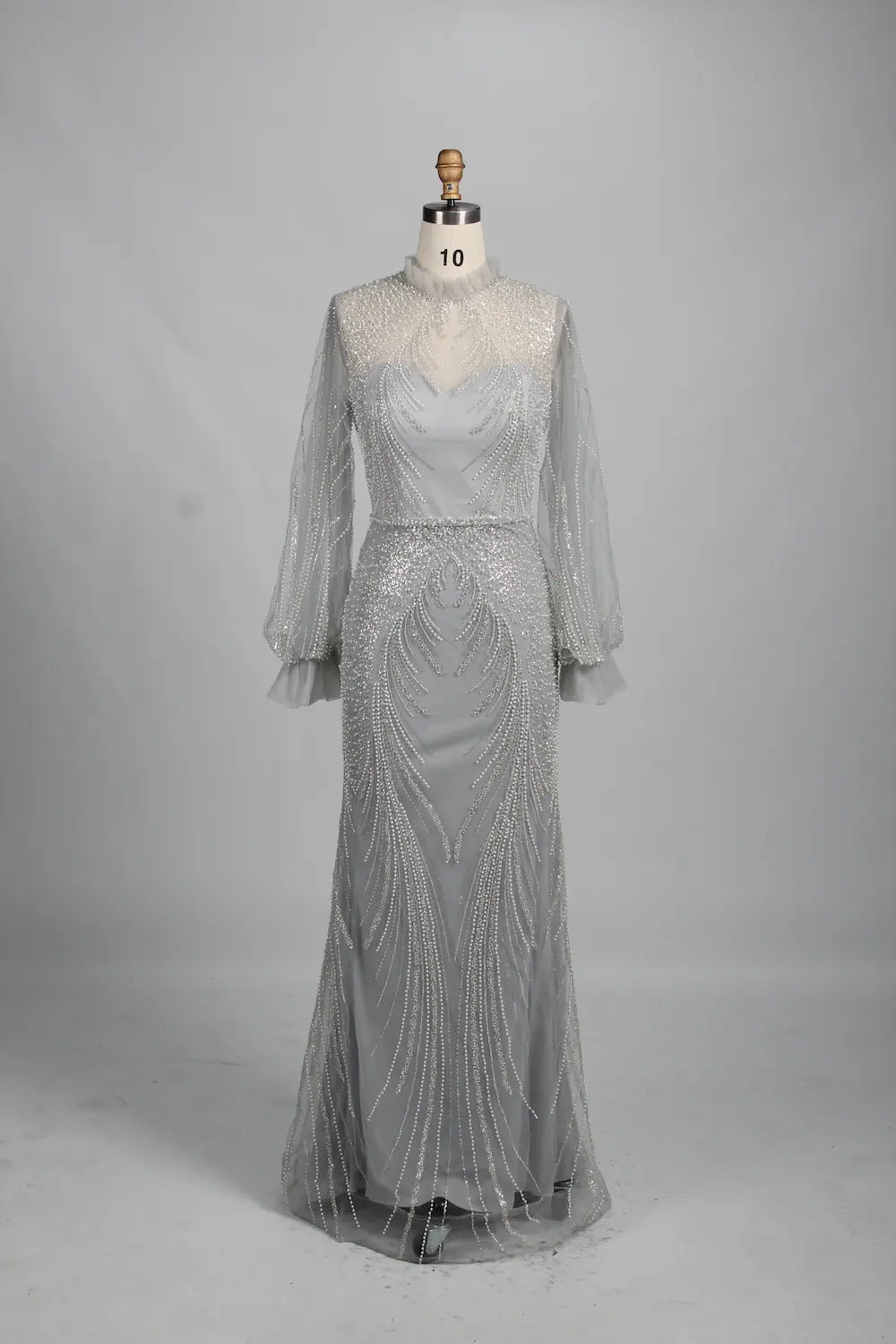 Elegant High-Neck Long Sleeve Beaded Champagne Mother of the Bride Dress KY031B