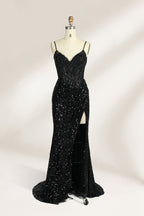 Set against a light background, a mannequin presents a blue gown adorned with sequins. It has thin straps, a deep V - neckline, and a mermaid - shaped skirt with a high side slit. The intricate sequin patterns and sheer bodice with embroidery add glamour, ideal for proms or formal dinners.1