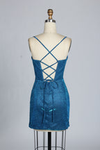 Wholesale Teal Glitter Spaghetti-Strap Ruched Homecoming Dress d-099s