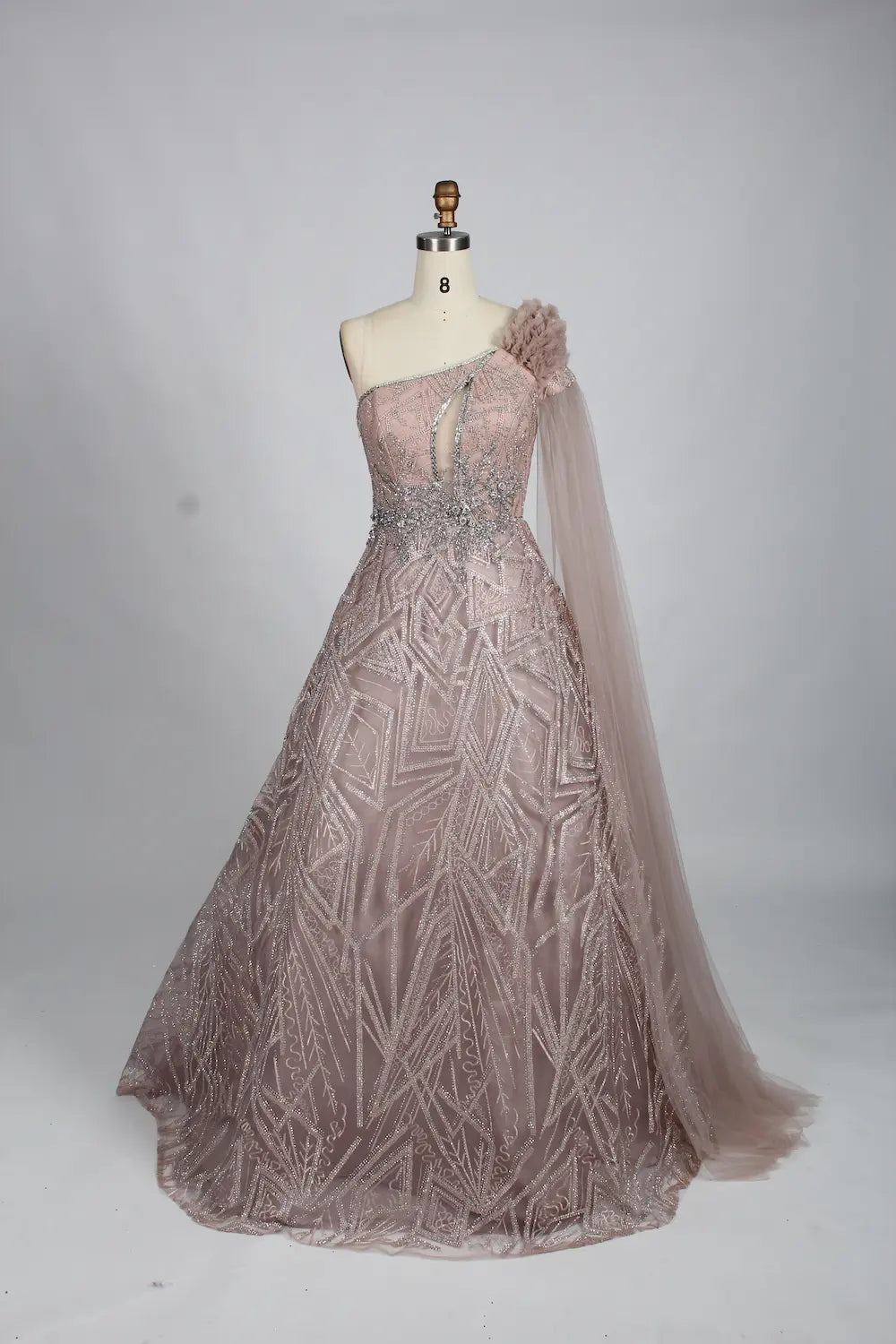 Embellished one-shoulder A-line mother-of-the-bride dress, draped sleeve, rose gold
