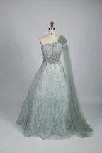 Embellished one-shoulder A-line mother-of-the-bride dress with draped sleeve, mint