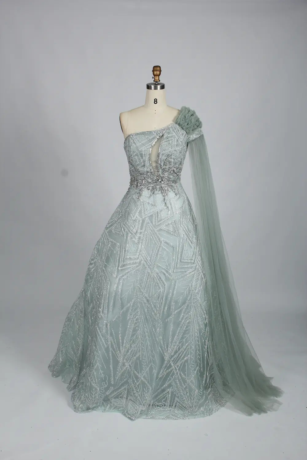 Embellished one-shoulder A-line mother-of-the-bride dress with draped sleeve, mint